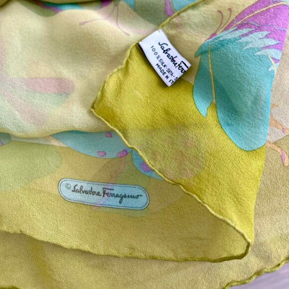 Salvatore Ferragamo Chartreuse & Multicolor Butterfly Pure Silk Oblong Scarf - Picture 9 of 9